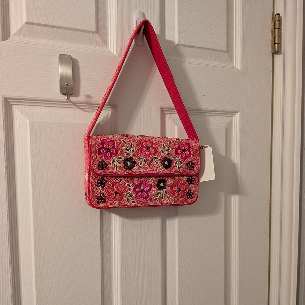 Viral Antik Kraft Beaded and-Embroidered Pink Floral Shoulder Bag NWT